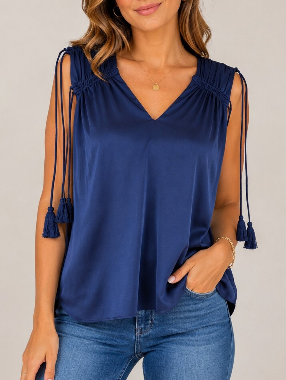 Derek Lam 10 Crosby Tassle Sleeve Navy Blue Blouse